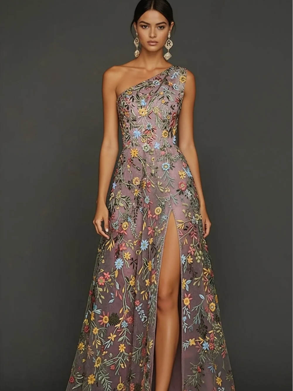 One-Shoulder Mauve Floral Embroidered Evening Gown